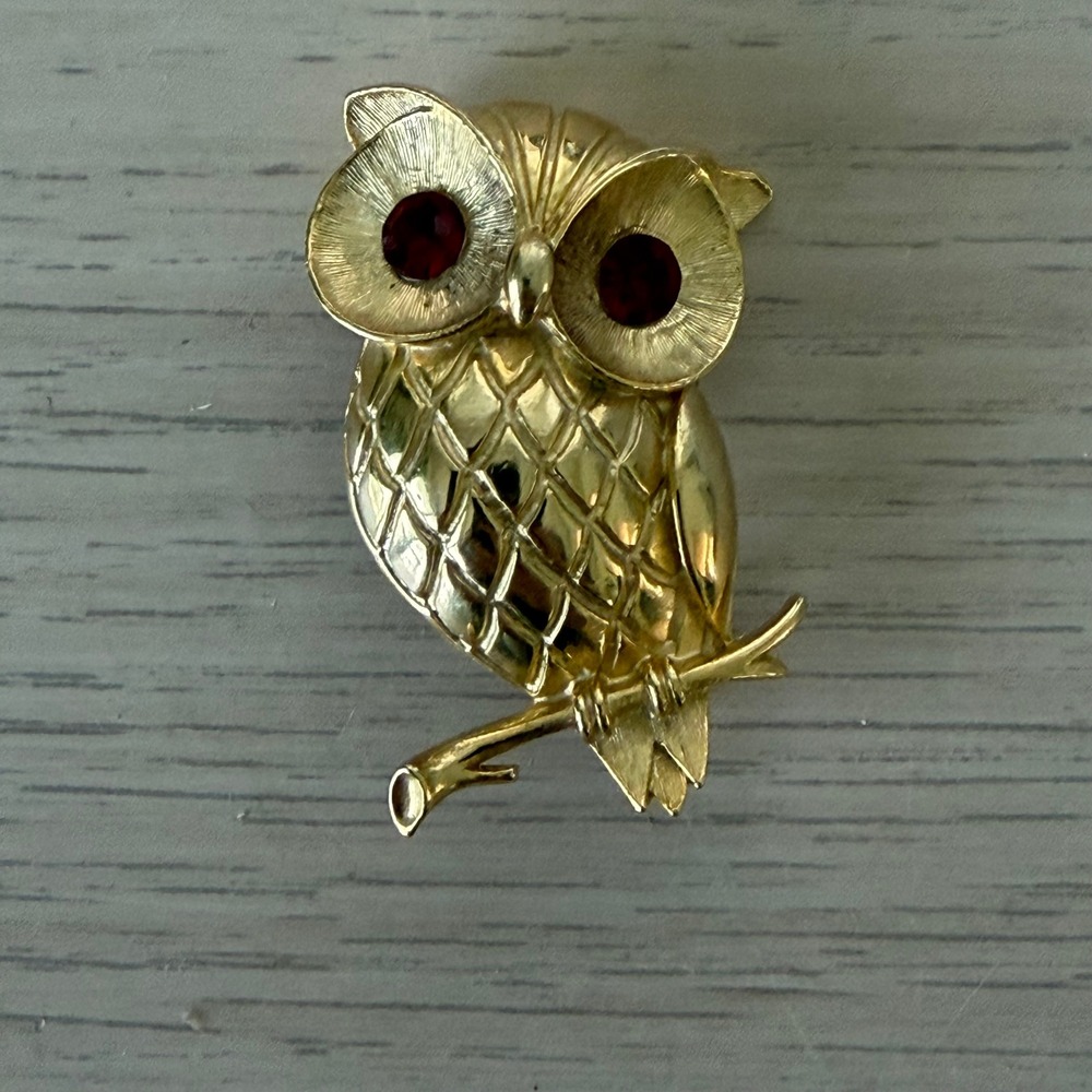 Vintage Gold Tone Owl Brooch Red Rhinestone Eyes Textured Bird Pin